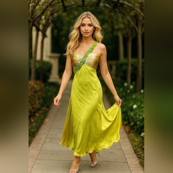 One-shoulder Lime Green evening gown. Size 8. Beading Detail - Picture 15 of 15